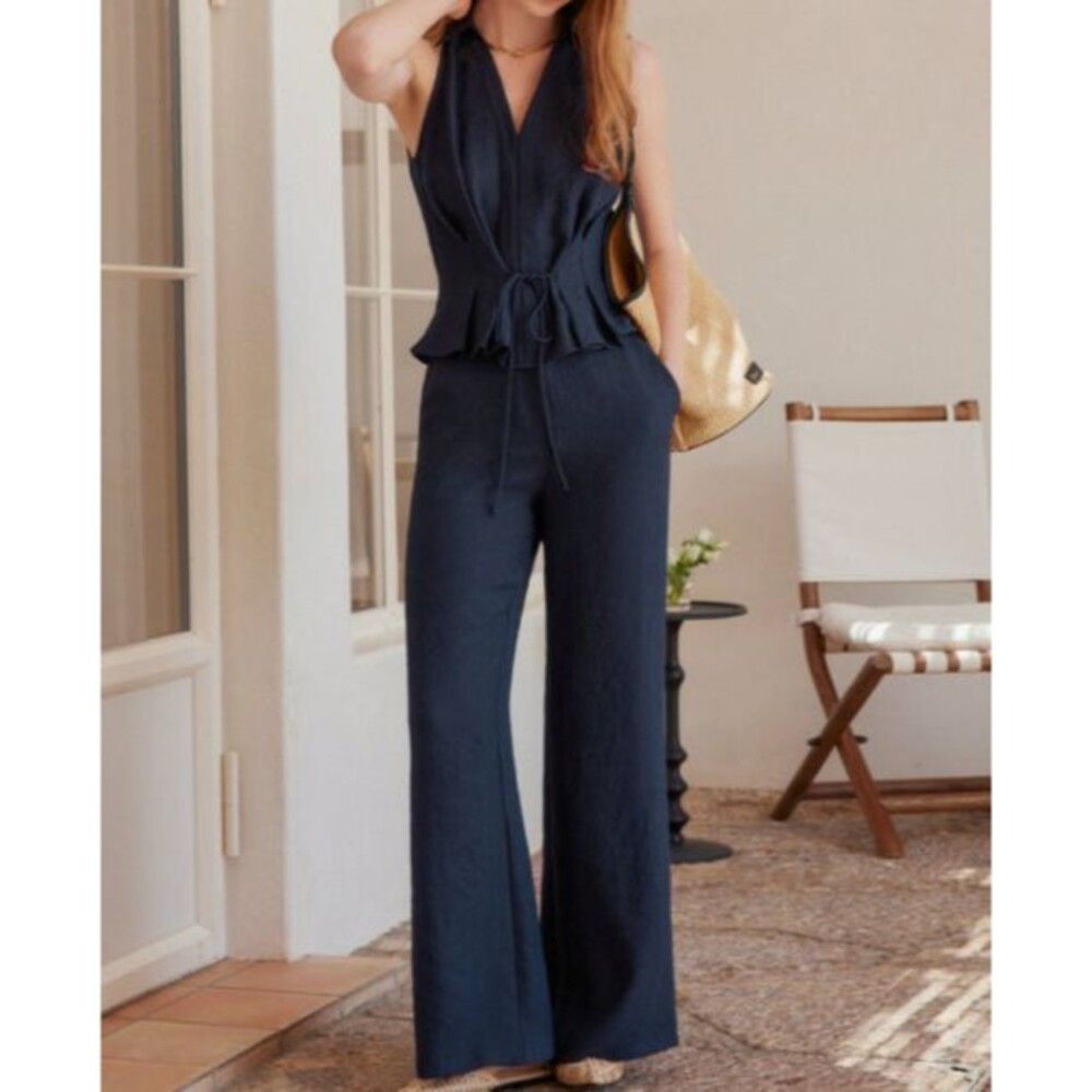 OGL Set Navy Linen Blend Flare Pants + Tie Waist Top Outfit Size Medium